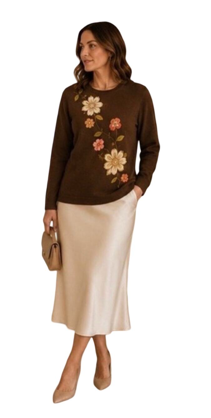 Alfred Dunner Sweater XL Brown Floral Applique Shoulder Pads Embroidered Vintage